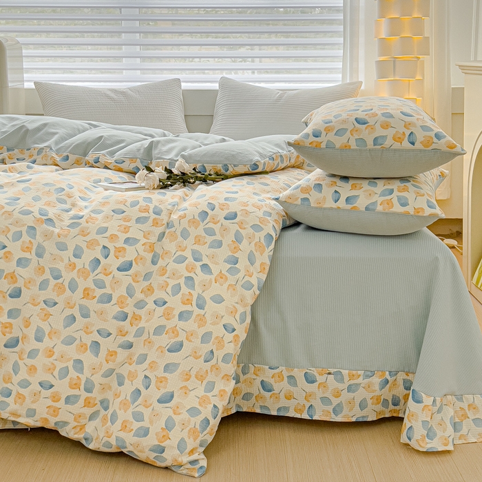 91家纺网 家纺一手货源 找家纺 可思家纺 2024新款A类水洗泡芙棉泡泡纱四件套 采薇-蓝