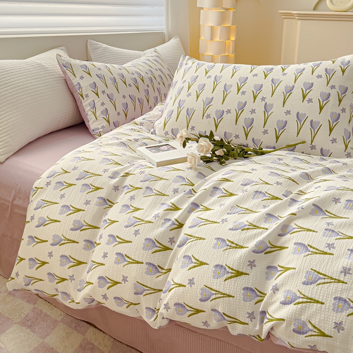 91家纺网 家纺一手货源 找家纺 可思家纺 2024新款A类水洗泡芙棉泡泡纱四件套 紫苏