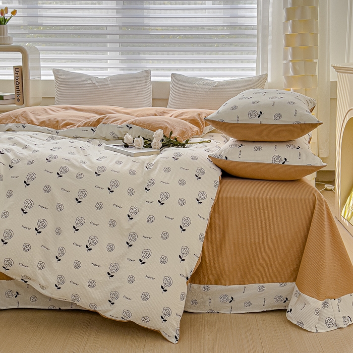 91家纺网 家纺一手货源 找家纺 可思家纺 2024新款A类水洗泡芙棉泡泡纱四件套 小玫瑰