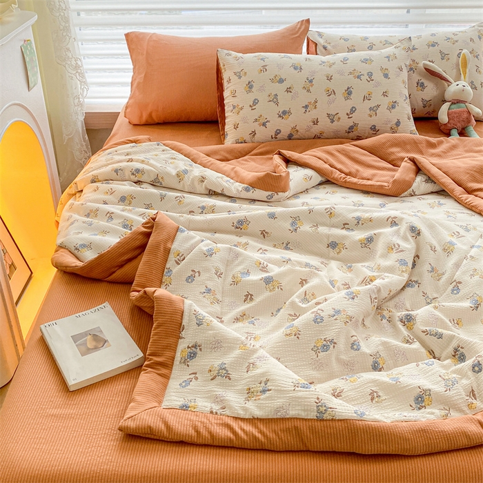 91家纺网 家纺一手货源 找家纺 可思家纺 2024新款A类泡泡纱夏被四件套 夕颜花开