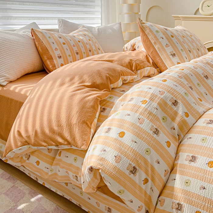 91家纺网 家纺一手货源 找家纺 可思家纺 2024新款A类水洗泡芙棉泡泡纱四件套 南瓜派对