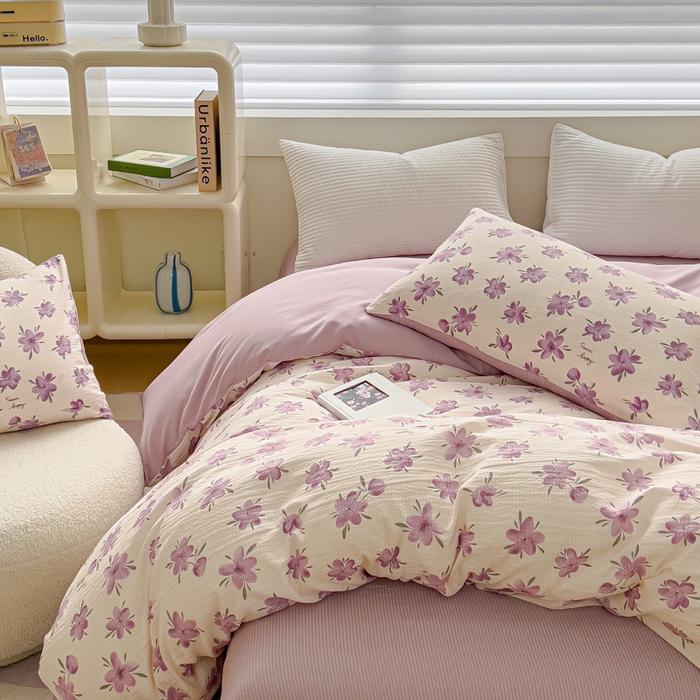 91家纺网 家纺一手货源 找家纺 可思家纺 2024新款A类水洗泡芙棉泡泡纱四件套 小苍兰