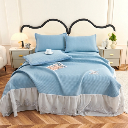 91家纺网 家纺一手货源 找家纺 宜派家纺 2024新款雪花冷感席三件套床单式床裙款 凤尾-蓝