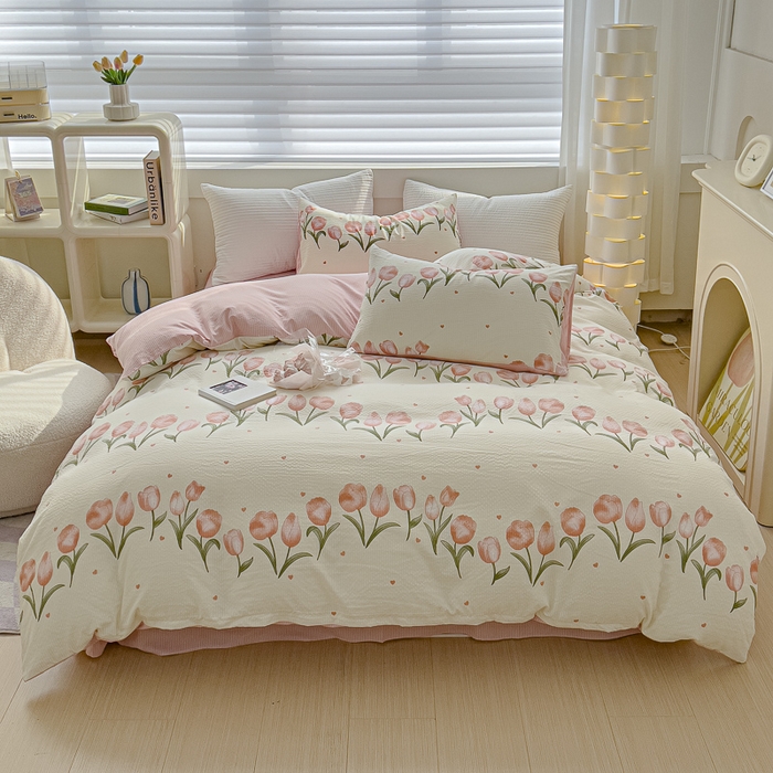 91家纺网 家纺一手货源 找家纺 可思家纺 2024新款A类水洗泡芙棉泡泡纱四件套 花束