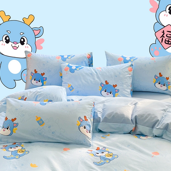 91家纺网 家纺一手货源 找家纺 金鑫汇家纺 2024新款全棉纯棉卡通印花四件套单品系列-单枕套 瑞龙送福