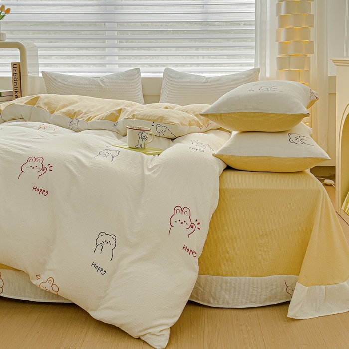 91家纺网 家纺一手货源 找家纺 可思家纺 2024新款A类水洗泡芙棉泡泡纱四件套 卡哇伊