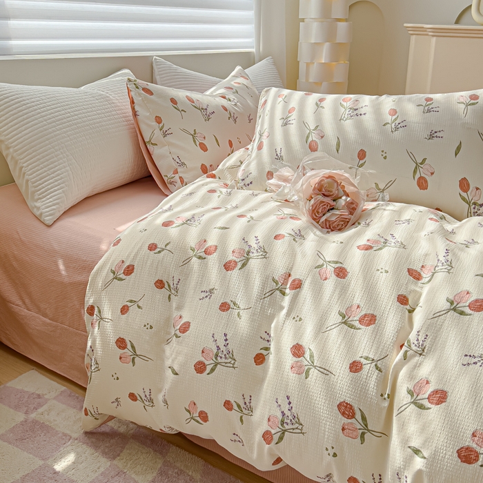 91家纺网 家纺一手货源 找家纺 可思家纺 2024新款A类水洗泡芙棉泡泡纱四件套 花浅语