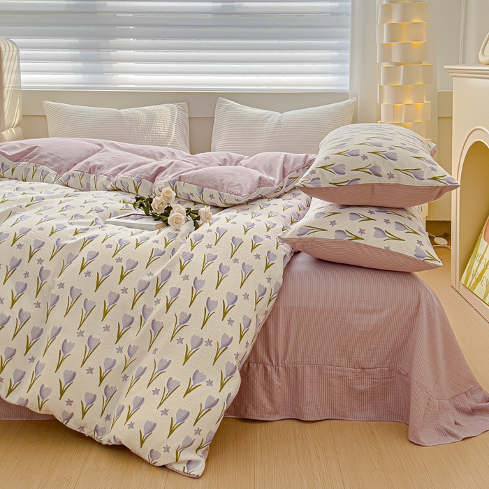 91家纺网 家纺一手货源 找家纺 可思家纺 2024新款A类水洗泡芙棉泡泡纱四件套 紫苏