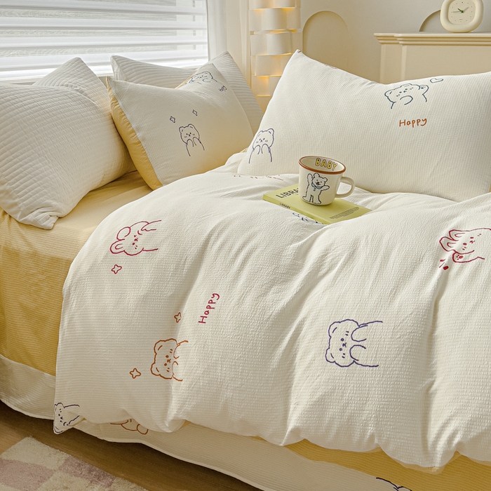 91家纺网 家纺一手货源 找家纺 可思家纺 2024新款A类水洗泡芙棉泡泡纱四件套 卡哇伊