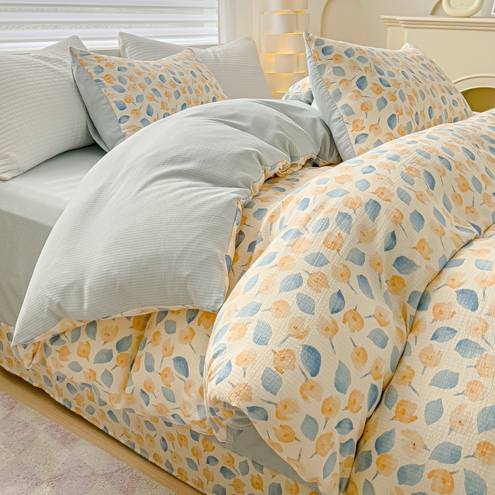 91家纺网 家纺一手货源 找家纺 可思家纺 2024新款A类水洗泡芙棉泡泡纱四件套 采薇-蓝