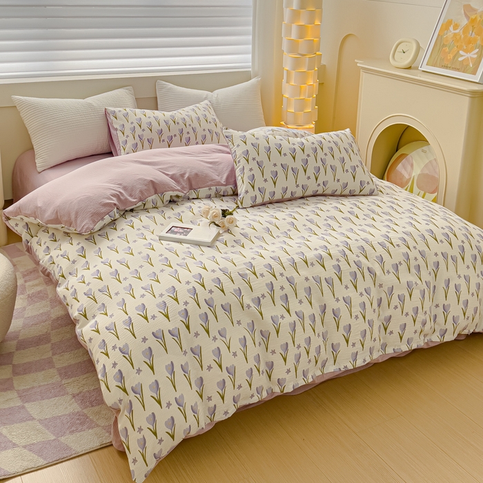 91家纺网 家纺一手货源 找家纺 可思家纺 2024新款A类水洗泡芙棉泡泡纱四件套 紫苏