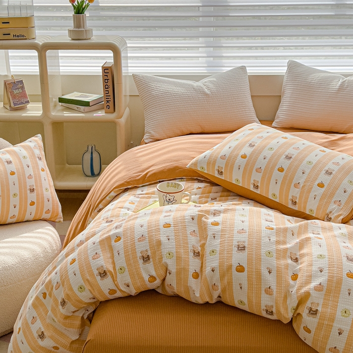 91家纺网 家纺一手货源 找家纺 可思家纺 2024新款A类水洗泡芙棉泡泡纱四件套 南瓜派对