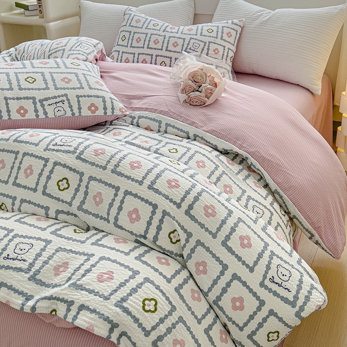 91家纺网 家纺一手货源 找家纺 可思家纺 2024新款A类水洗泡芙棉泡泡纱四件套 库洛米