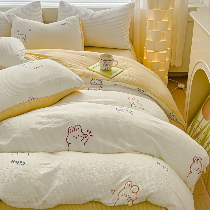 91家纺网 家纺一手货源 找家纺 可思家纺 2024新款A类水洗泡芙棉泡泡纱四件套 卡哇伊