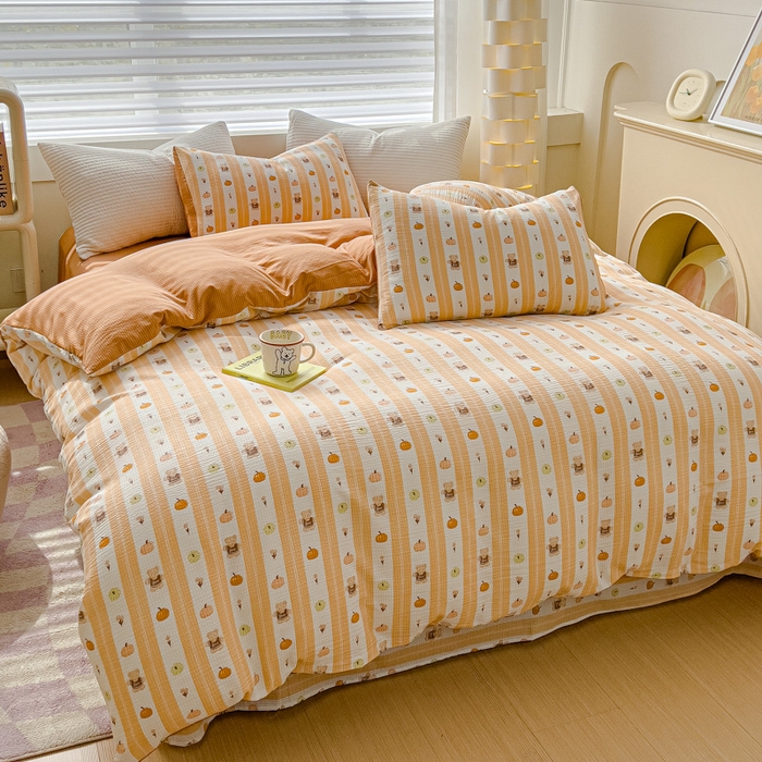 91家纺网 家纺一手货源 找家纺 可思家纺 2024新款A类水洗泡芙棉泡泡纱四件套 南瓜派对