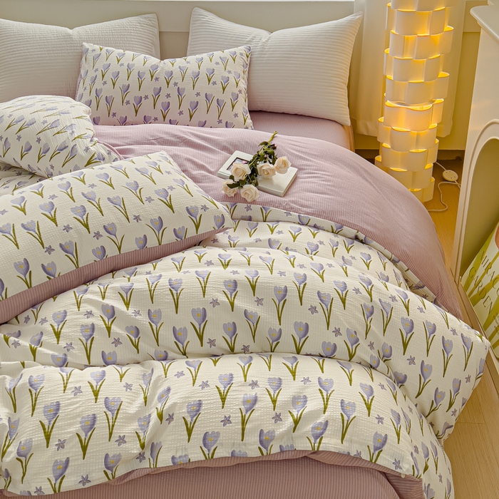 91家纺网 家纺一手货源 找家纺 可思家纺 2024新款A类水洗泡芙棉泡泡纱四件套 紫苏