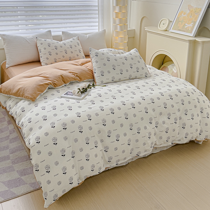 91家纺网 家纺一手货源 找家纺 可思家纺 2024新款A类水洗泡芙棉泡泡纱四件套 小玫瑰