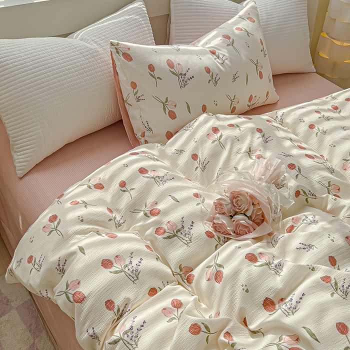 91家纺网 家纺一手货源 找家纺 可思家纺 2024新款A类水洗泡芙棉泡泡纱四件套 花浅语