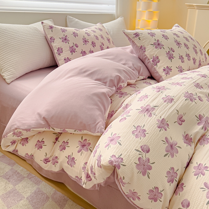 91家纺网 家纺一手货源 找家纺 可思家纺 2024新款A类水洗泡芙棉泡泡纱四件套 小苍兰