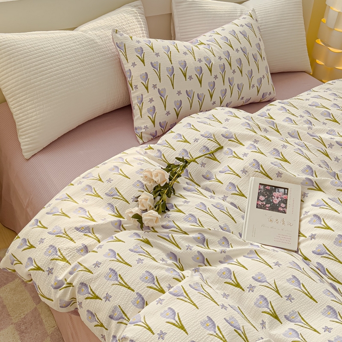 91家纺网 家纺一手货源 找家纺 可思家纺 2024新款A类水洗泡芙棉泡泡纱四件套 紫苏