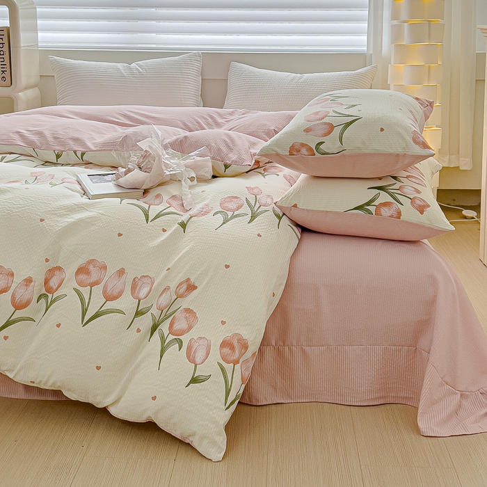 91家纺网 家纺一手货源 找家纺 可思家纺 2024新款A类水洗泡芙棉泡泡纱四件套 花束