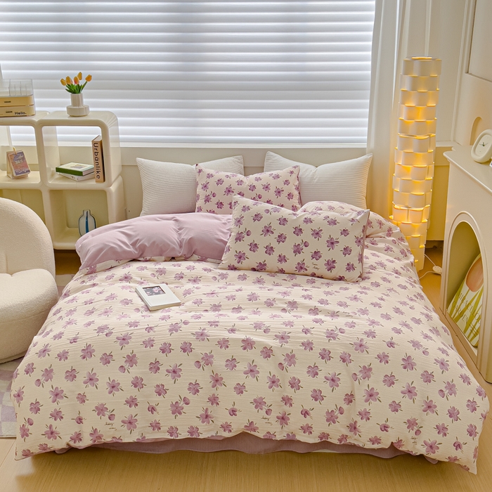 91家纺网 家纺一手货源 找家纺 可思家纺 2024新款A类水洗泡芙棉泡泡纱四件套 小苍兰