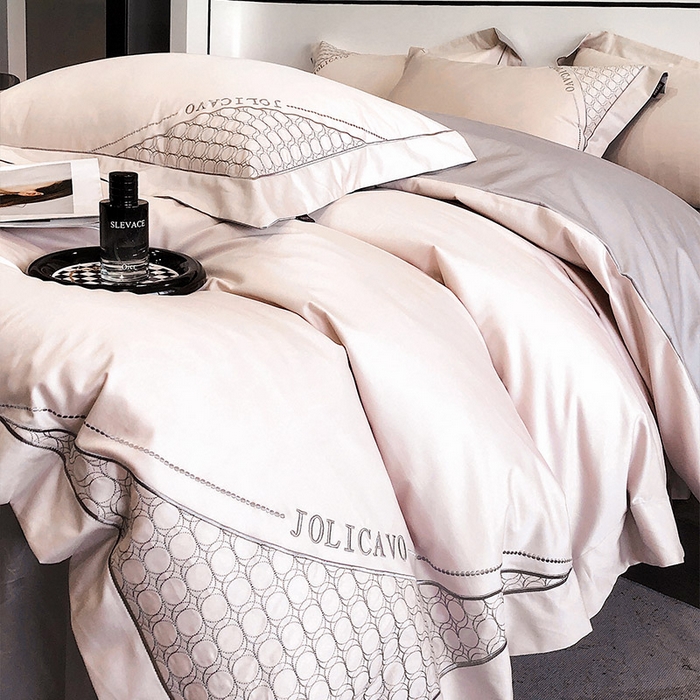 91家纺网 家纺一手货源 找家纺  【高奢定制】100支新疆贡缎长绒棉重工刺绣轻奢酒店风床单床笠床盖款春夏季床上用品 圣卡洛-玉珠粉