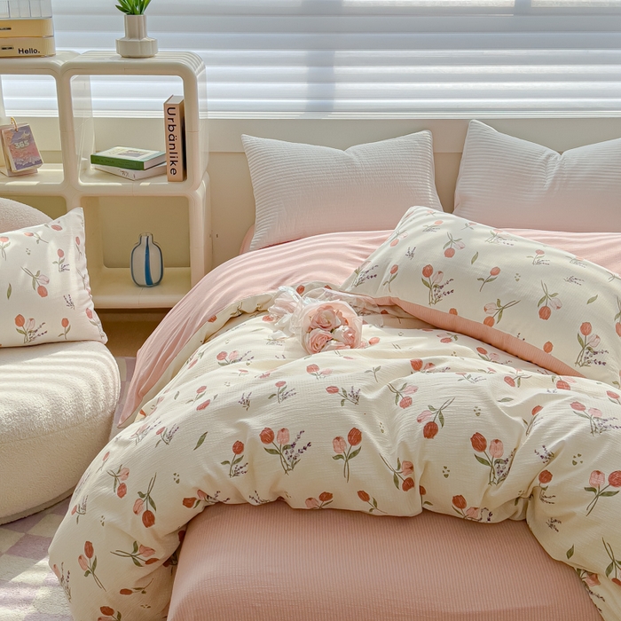 91家纺网 家纺一手货源 找家纺 可思家纺 2024新款A类水洗泡芙棉泡泡纱四件套 花浅语