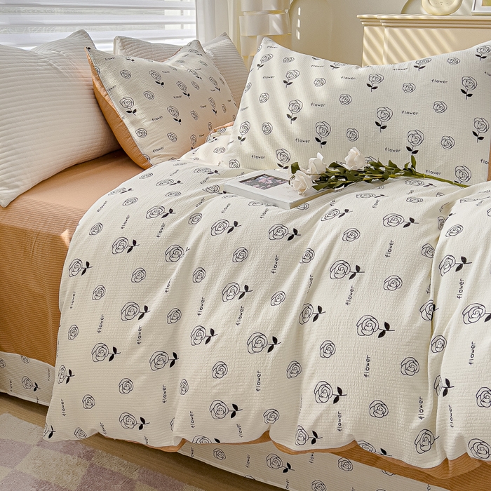 91家纺网 家纺一手货源 找家纺 可思家纺 2024新款A类水洗泡芙棉泡泡纱四件套 小玫瑰