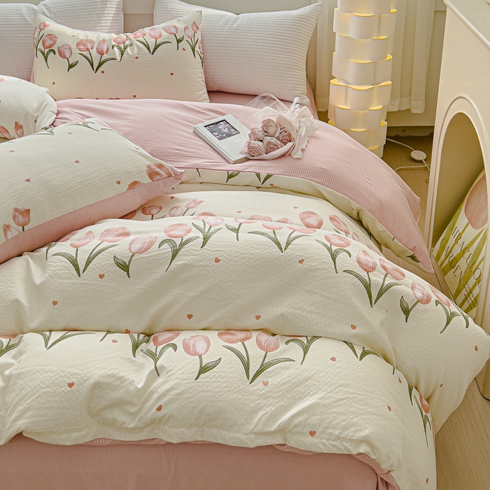 91家纺网 家纺一手货源 找家纺 可思家纺 2024新款A类水洗泡芙棉泡泡纱四件套 花束