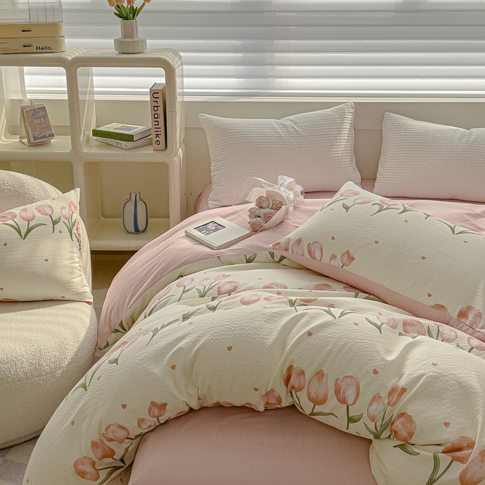 91家纺网 家纺一手货源 找家纺 可思家纺 2024新款A类水洗泡芙棉泡泡纱四件套 花束