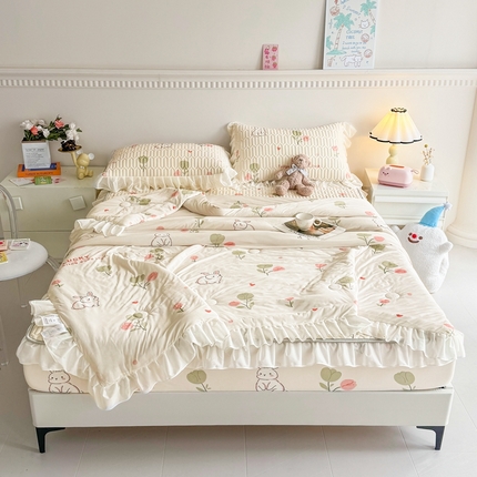 91家纺网 家纺一手货源 找家纺 （总）康纳利 2024新款乳胶床笠印花款花边乳胶凉席三件套夏被四件套乳胶席子