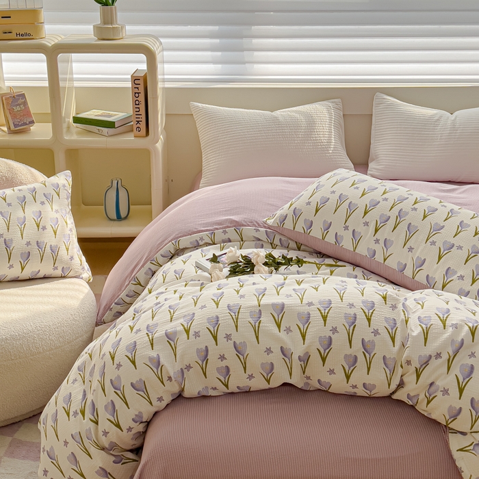 91家纺网 家纺一手货源 找家纺 可思家纺 2024新款A类水洗泡芙棉泡泡纱四件套 紫苏