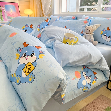 91家纺网 家纺一手货源 找家纺 金鑫汇家纺 2024新款全棉纯棉卡通印花四件套单品系列-四件套 瑞龙送福