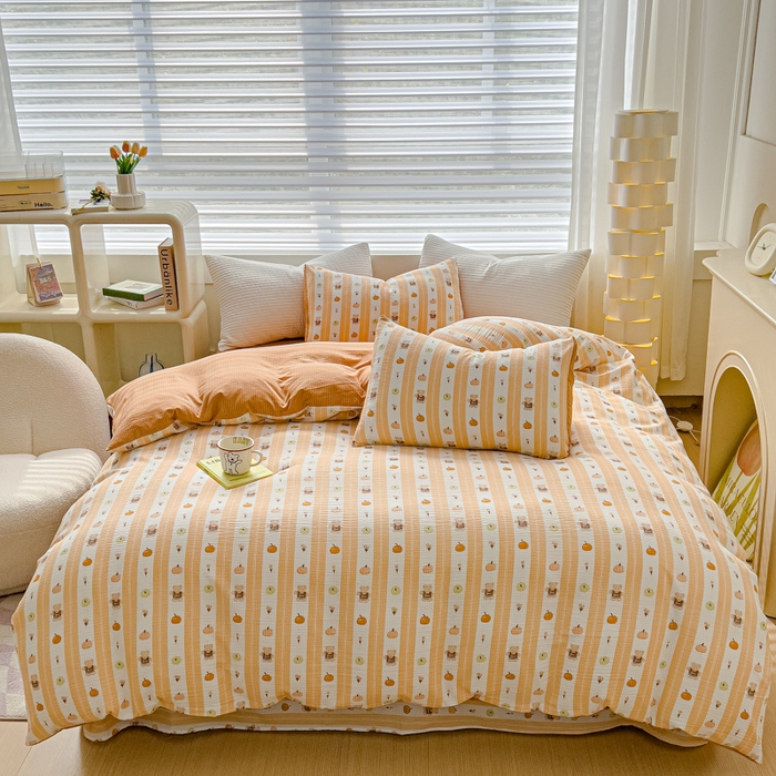 91家纺网 家纺一手货源 找家纺 可思家纺 2024新款A类水洗泡芙棉泡泡纱四件套 南瓜派对