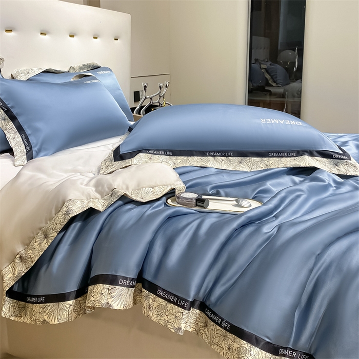 91家纺网 家纺一手货源 找家纺 笙意家纺 2025新款冰丝宽边款夏被-克里斯汀系列 克里斯汀-宾利蓝+山灰