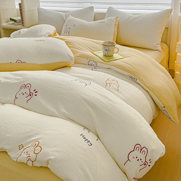 91家纺网 家纺一手货源 找家纺 可思家纺 2024新款A类水洗泡芙棉泡泡纱四件套 卡哇伊