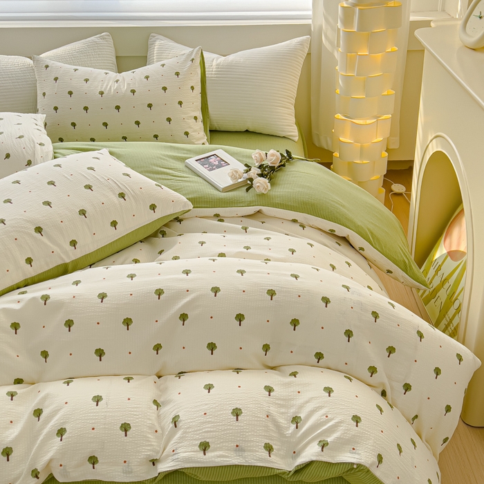 91家纺网 家纺一手货源 找家纺 可思家纺 2024新款A类水洗泡芙棉泡泡纱四件套 小森林