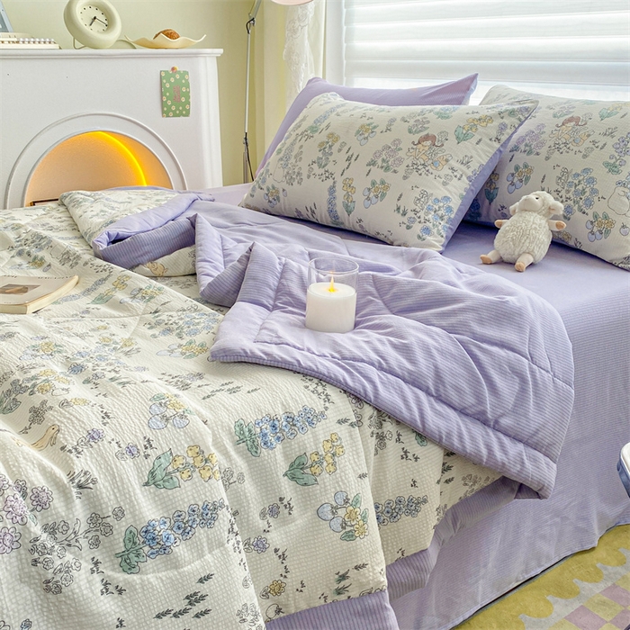 91家纺网 家纺一手货源 找家纺 可思家纺 2024新款A类泡泡纱夏被四件套 娴雅花韵