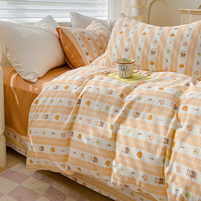 91家纺网 家纺一手货源 找家纺 可思家纺 2024新款A类水洗泡芙棉泡泡纱四件套 南瓜派对