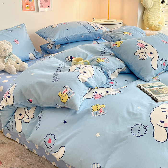 91家纺网 家纺一手货源 找家纺 桃子家居 2024新款三丽鸥正版授权全棉卡通系列四件套 棉三丽鸥-牛奶玉桂狗