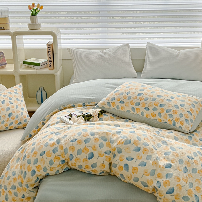 91家纺网 家纺一手货源 找家纺 可思家纺 2024新款A类水洗泡芙棉泡泡纱四件套 采薇-蓝