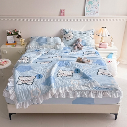 91家纺网 家纺一手货源 找家纺 （总）康纳利 2024新款乳胶床笠印花款花边乳胶凉席三件套夏被四件套乳胶席子