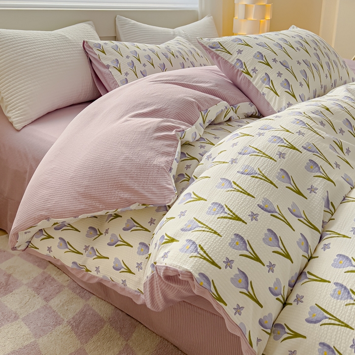 91家纺网 家纺一手货源 找家纺 可思家纺 2024新款A类水洗泡芙棉泡泡纱四件套 紫苏