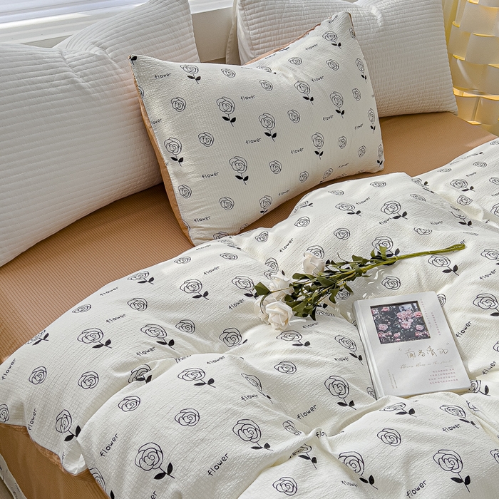 91家纺网 家纺一手货源 找家纺 可思家纺 2024新款A类水洗泡芙棉泡泡纱四件套 小玫瑰