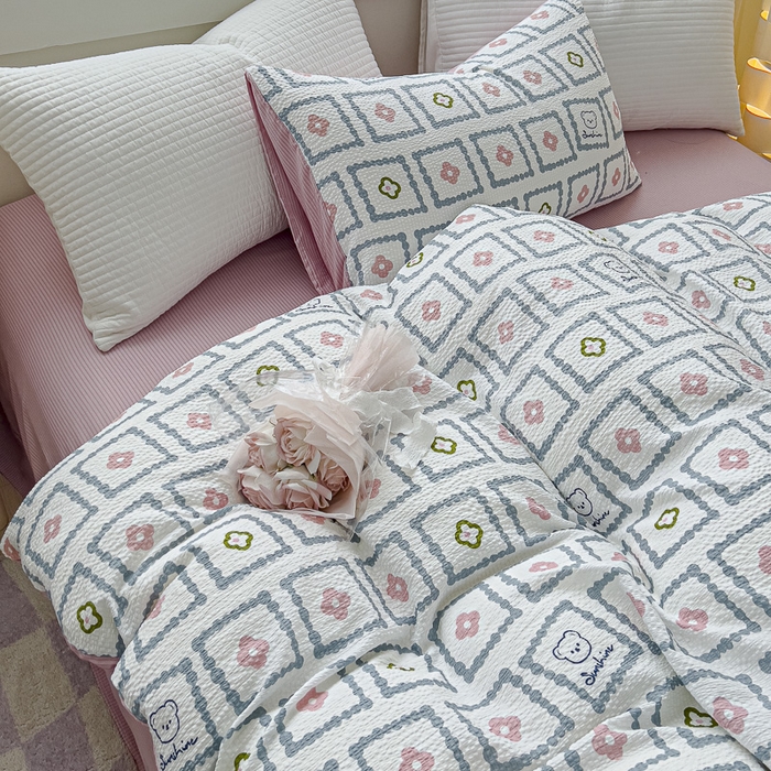 91家纺网 家纺一手货源 找家纺 可思家纺 2024新款A类水洗泡芙棉泡泡纱四件套 库洛米