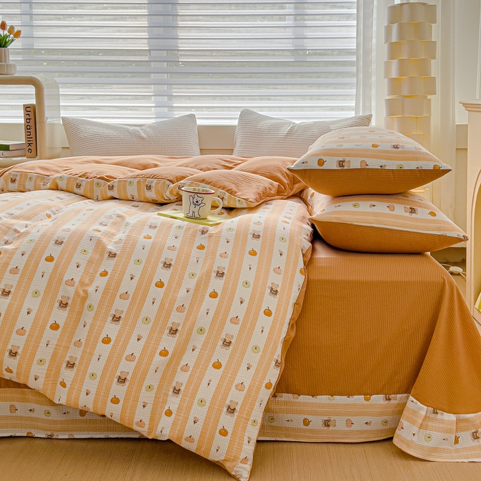 91家纺网 家纺一手货源 找家纺 可思家纺 2024新款A类水洗泡芙棉泡泡纱四件套 南瓜派对