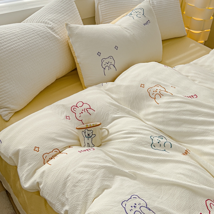 91家纺网 家纺一手货源 找家纺 可思家纺 2024新款A类水洗泡芙棉泡泡纱四件套 卡哇伊