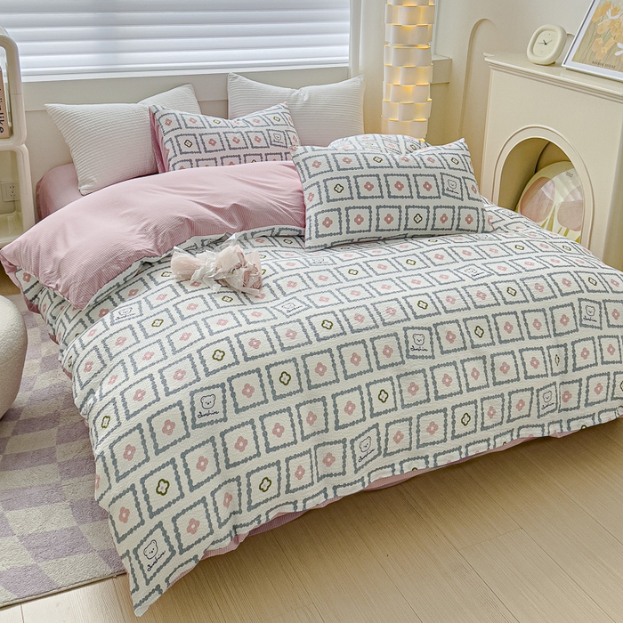 91家纺网 家纺一手货源 找家纺 可思家纺 2024新款A类水洗泡芙棉泡泡纱四件套 库洛米