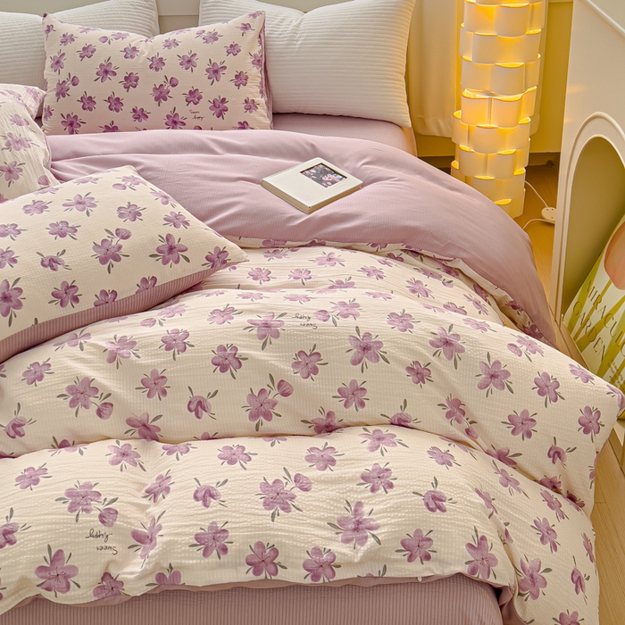 91家纺网 家纺一手货源 找家纺 可思家纺 2024新款A类水洗泡芙棉泡泡纱四件套 小苍兰